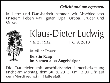 Traueranzeige von Klaus-Dieter Ludwig von Mitteldeutsche Zeitung Halle/Saalkreis