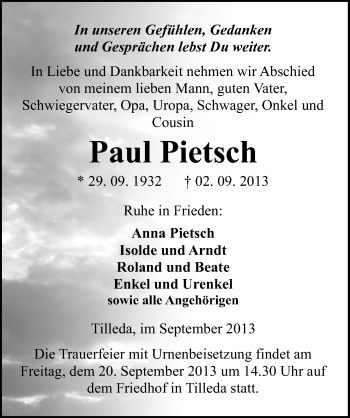 Traueranzeige von Paul Pietsch von Mitteldeutsche Zeitung Sangerhausen