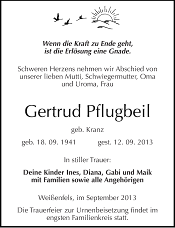 Traueranzeige von Gertrud Pflugbeil von Mitteldeutsche Zeitung Weißenfels