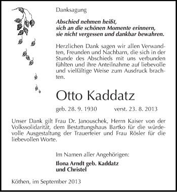 Traueranzeige von Otto Kaddatz von Mitteldeutsche Zeitung Köthen