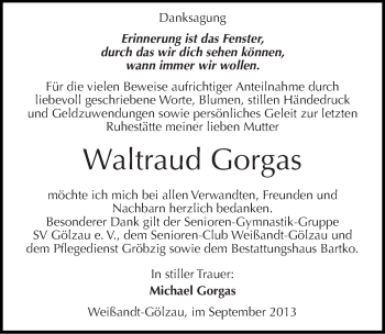 Traueranzeige von Waltraud Gorgas von Mitteldeutsche Zeitung Köthen