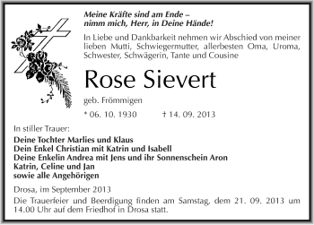 Traueranzeige von Rose Sievert von Mitteldeutsche Zeitung Köthen