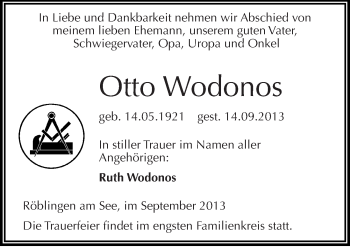 Traueranzeige von Otto Wodonos von Mitteldeutsche Zeitung Mansfelder Land