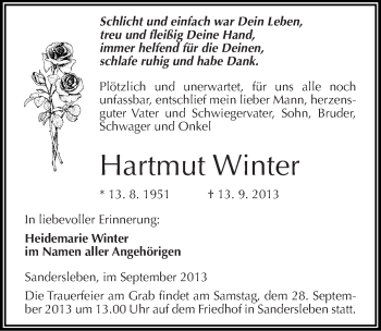 Traueranzeige von Hartmut Winter von Mitteldeutsche Zeitung Mansfelder Land