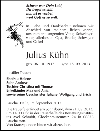 Traueranzeige von Julius Kühn von Mitteldeutsche Zeitung Naumburg/Nebra