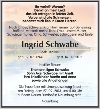 Traueranzeige von Ingrid Schwabe von Mitteldeutsche Zeitung Naumburg/Nebra