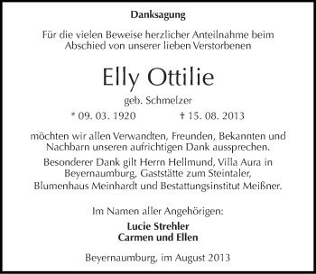 Traueranzeige von Elly Ottilie von Mitteldeutsche Zeitung Sangerhausen