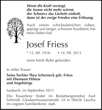 Traueranzeige von Josef Friess von Mitteldeutsche Zeitung Naumburg/Nebra