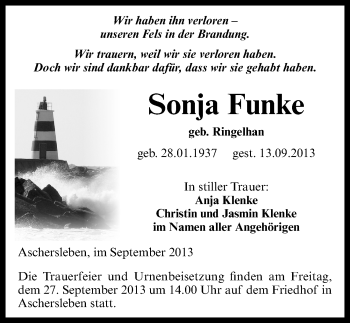 Traueranzeige von Sonja Funke von Mitteldeutsche Zeitung Aschersleben