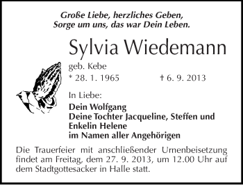 Traueranzeige von Sylvia Wiedemann von Mitteldeutsche Zeitung Halle/Saalkreis