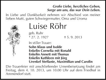 Traueranzeige von Luise Röhr von Mitteldeutsche Zeitung Halle/Saalkreis