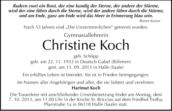 Traueranzeige von Christine Koch von Mitteldeutsche Zeitung Halle/Saalkreis