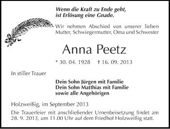 Traueranzeige von Anna Peetz von Mitteldeutsche Zeitung Bitterfeld