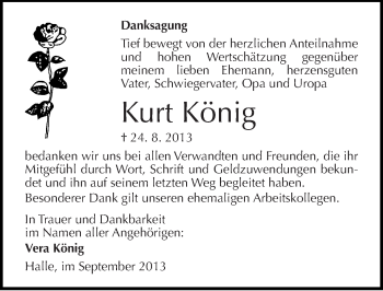 Traueranzeige von Kurt König von Mitteldeutsche Zeitung Halle/Saalkreis