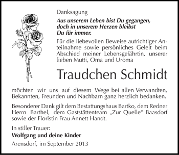 Traueranzeige von Traudchen Schmidt von Mitteldeutsche Zeitung Köthen