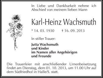 Traueranzeige von Karl-Heinz Wachsmuth von Mitteldeutsche Zeitung Halle/Saalkreis