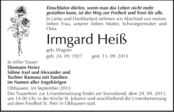 Traueranzeige von Irmgard Heiß von Mitteldeutsche Zeitung Merseburg/Querfurt