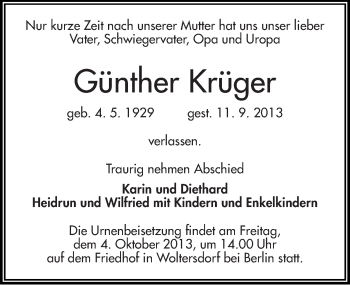 Traueranzeige von Günther Krüger von Mitteldeutsche Zeitung Dessau-Roßlau