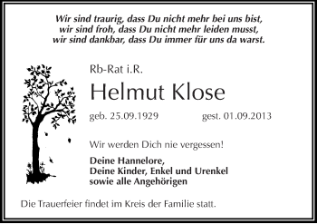 Traueranzeige von Helmut Klose von Mitteldeutsche Zeitung Halle/Saalkreis