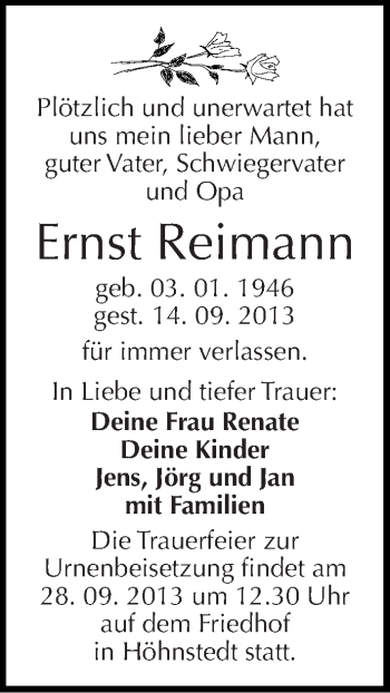 Traueranzeige von Ernst Reimann von Mitteldeutsche Zeitung Halle/Saalkreis