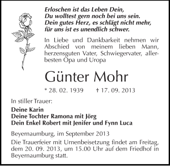 Traueranzeige von Günter Mohr von Mitteldeutsche Zeitung Sangerhausen