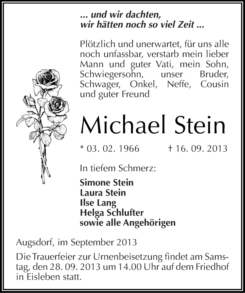  Traueranzeige für Michael Stein vom 19.09.2013 aus Mitteldeutsche Zeitung Mansfelder Land