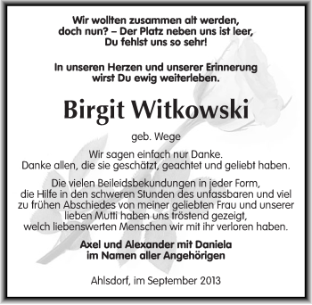 Traueranzeige von Birgit Witkowski von Mitteldeutsche Zeitung Mansfelder Land