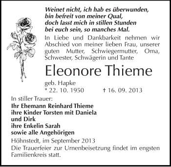 Traueranzeige von Eleonore Thieme von Mitteldeutsche Zeitung Halle/Saalkreis