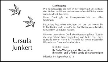 Traueranzeige von Ursula Junkert von Mitteldeutsche Zeitung Köthen