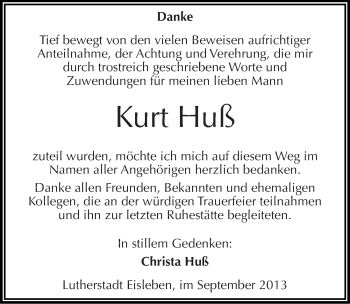 Traueranzeige von Kurt Huß von Mitteldeutsche Zeitung Mansfelder Land