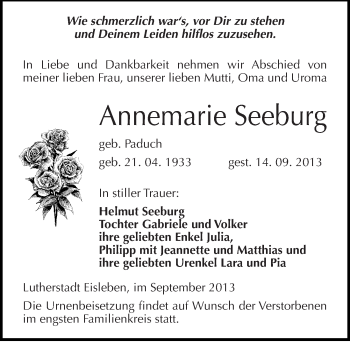 Traueranzeige von Annemarie Seeburg von Mitteldeutsche Zeitung Merseburg/Querfurt