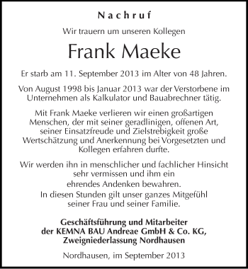 Traueranzeige von Frank Maeke von Mitteldeutsche Zeitung Sangerhausen