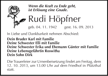 Traueranzeige von Rudi Höpfner von Mitteldeutsche Zeitung Halle/Saalkreis