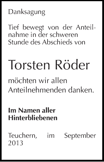 Traueranzeige von Torsten Röder von Mitteldeutsche Zeitung Weißenfels