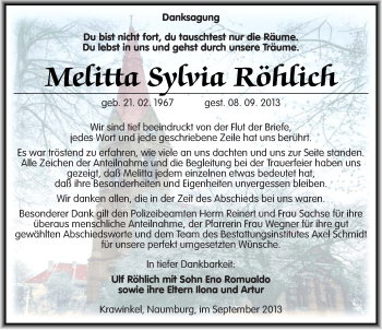 Traueranzeige von Melitta Sylvia Röhlich von Mitteldeutsche Zeitung Naumburg/Nebra
