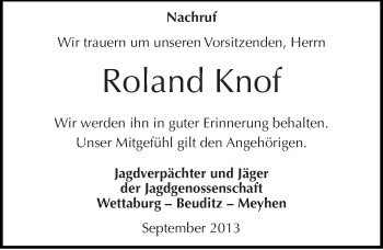 Traueranzeige von Roland Knof von Mitteldeutsche Zeitung Naumburg/Nebra