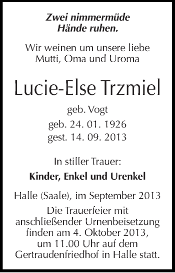 Traueranzeige von Lucie-Else Trzmiel von Mitteldeutsche Zeitung Halle/Saalkreis