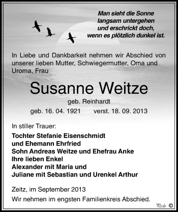 Traueranzeige von Susanne Weitze von Mitteldeutsche Zeitung Zeitz