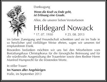 Traueranzeige von Hildegard Nowack von Mitteldeutsche Zeitung Halle/Saalkreis