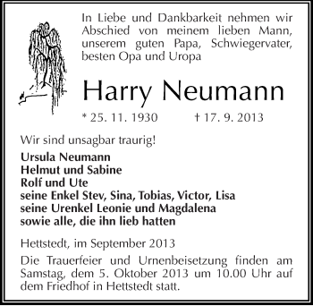 Traueranzeige von Harry Neumann von Mitteldeutsche Zeitung Mansfelder Land