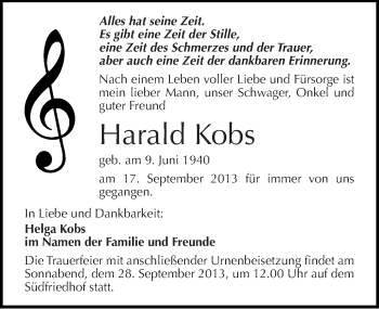 Traueranzeige von Harald Kobs von Mitteldeutsche Zeitung Halle/Saalkreis
