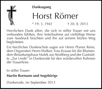 Traueranzeige von Horst Römer von Mitteldeutsche Zeitung Quedlinburg
