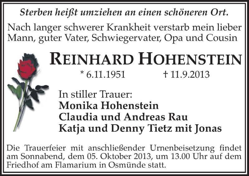  Traueranzeige für Reinhard Hohenstein vom 21.09.2013 aus Mitteldeutsche Zeitung Halle/Saalkreis
