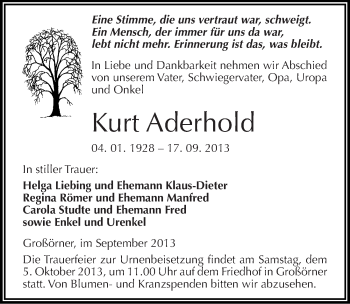 Traueranzeige von Kurt Aderhold von Mitteldeutsche Zeitung Mansfelder Land