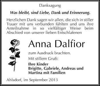 Traueranzeige von Anna Dalfior von Mitteldeutsche Zeitung Mansfelder Land