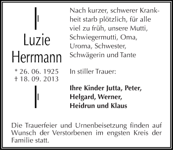 Traueranzeige von Luzie Herrmann von Mitteldeutsche Zeitung Dessau-Roßlau