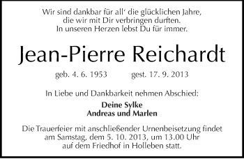 Traueranzeige von Jean-Pierre Reichardt von Mitteldeutsche Zeitung