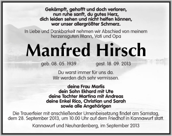 Traueranzeige von Manfred Hirsch von Mitteldeutsche Zeitung Bernburg