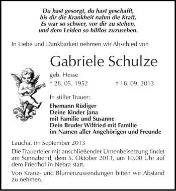 Traueranzeige von Gabriele Schulze von Mitteldeutsche Zeitung Naumburg/Nebra
