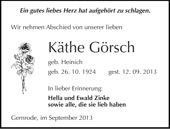 Traueranzeige von Käthe Görsch von Mitteldeutsche Zeitung Quedlinburg